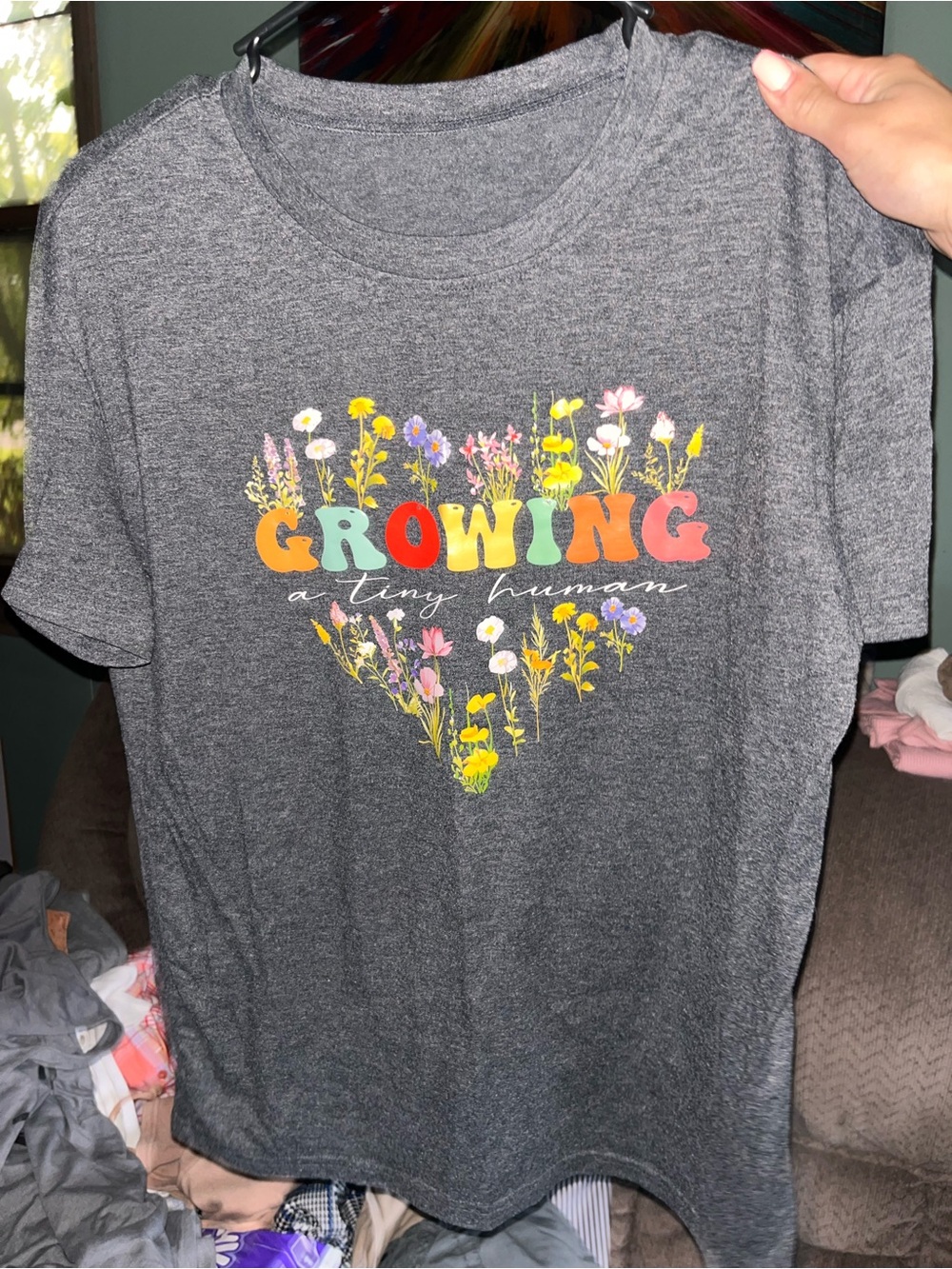 Growing A Tiny Human Heather Gray Floral Heart Graphic Tee